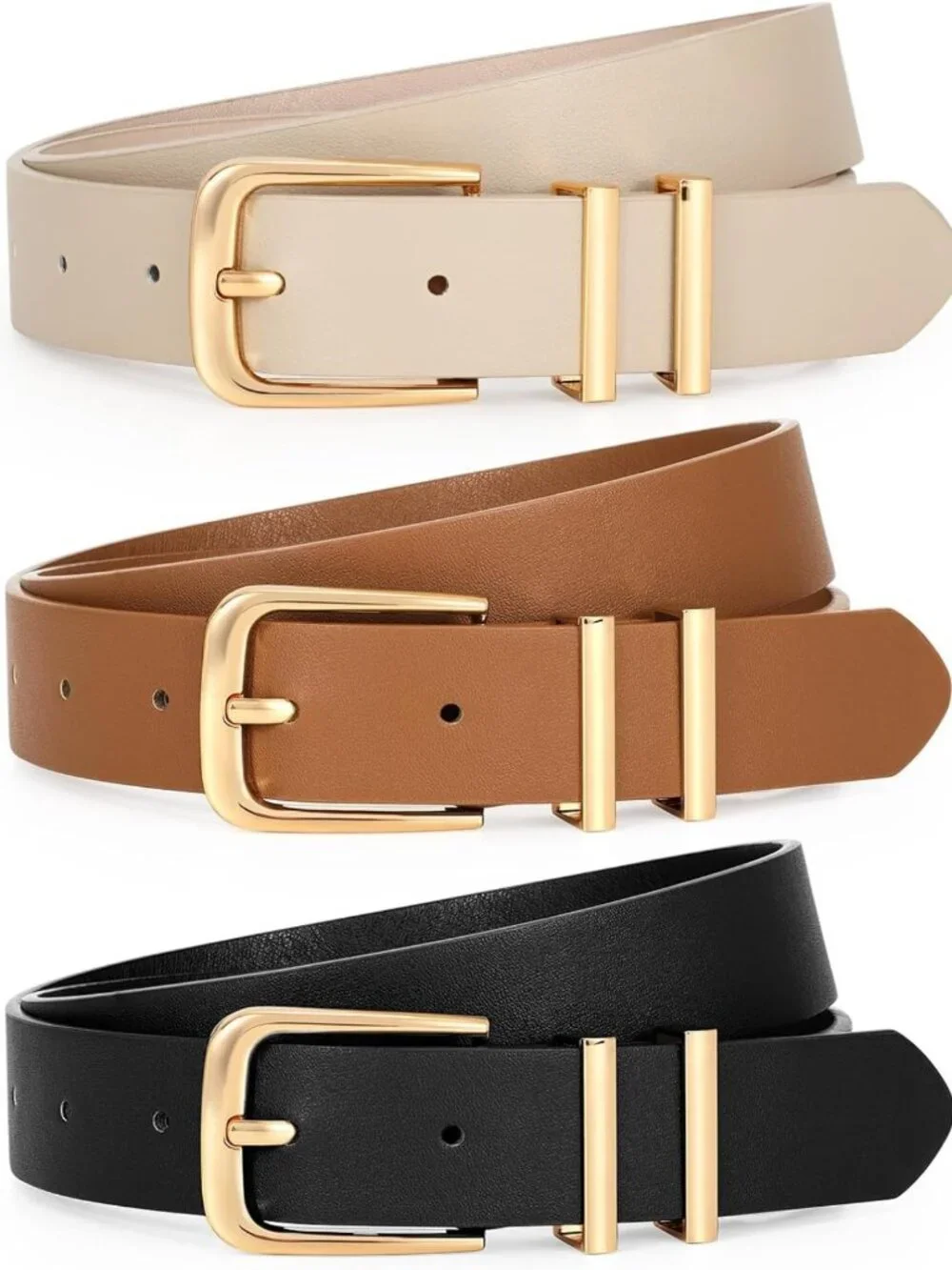 Stylish 3-Pack Women's Leather Belts for Jeans & Dresses - Gold Buckle Fashion